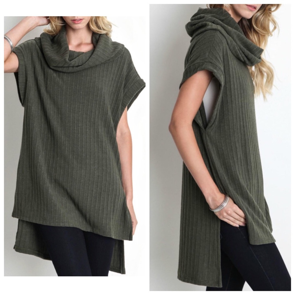 green sleeveless cowl turtleneck tunic blouse top - Picture 1 of 8